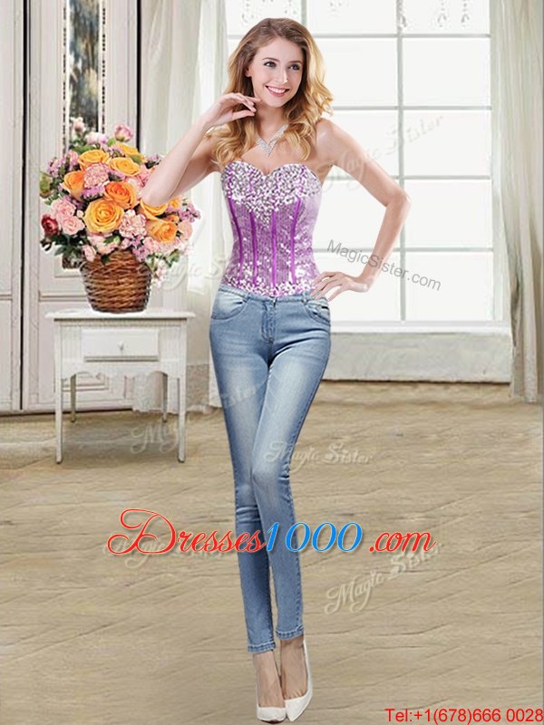 Chic Three Piece Sweetheart Sleeveless Quince Ball Gowns Floor Length Beading and Ruffles and Sequins Purple Organza