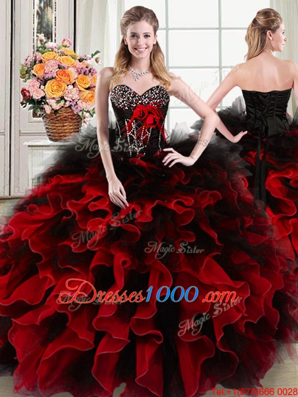 Four Piece Floor Length Lace Up 15th Birthday Dress Black and Red and In for Military Ball and Sweet 16 and Quinceanera with Beading and Ruffles and Hand Made Flower
