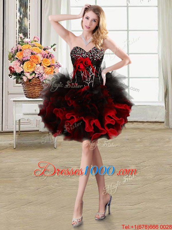 Four Piece Floor Length Lace Up 15th Birthday Dress Black and Red and In for Military Ball and Sweet 16 and Quinceanera with Beading and Ruffles and Hand Made Flower