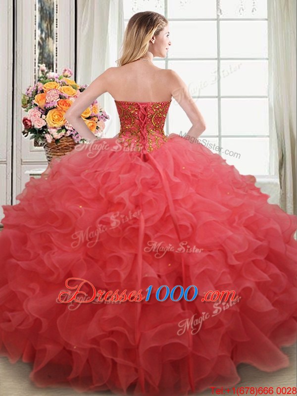 Stunning Coral Red Sweetheart Lace Up Beading and Ruffles Sweet 16 Dress Sleeveless