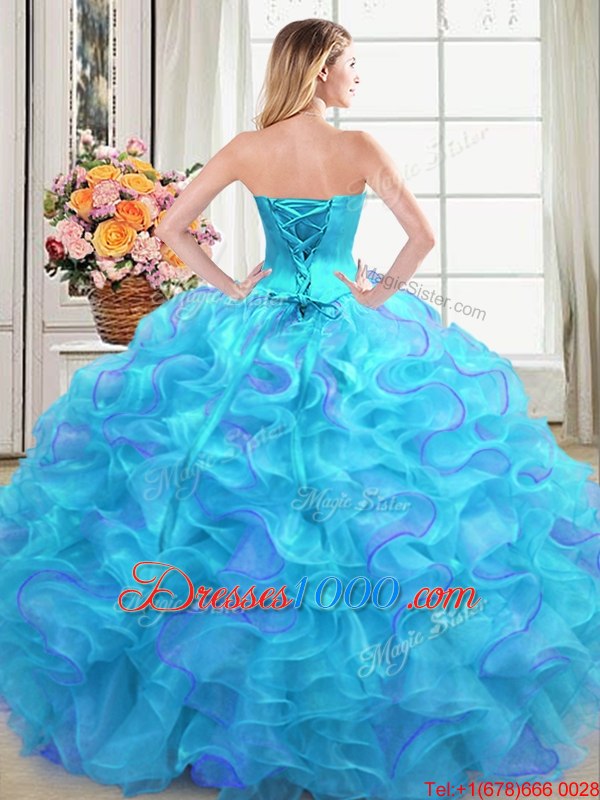 Fashionable Sweetheart Sleeveless Sweet 16 Quinceanera Dress Floor Length Beading and Ruffles Multi-color Organza