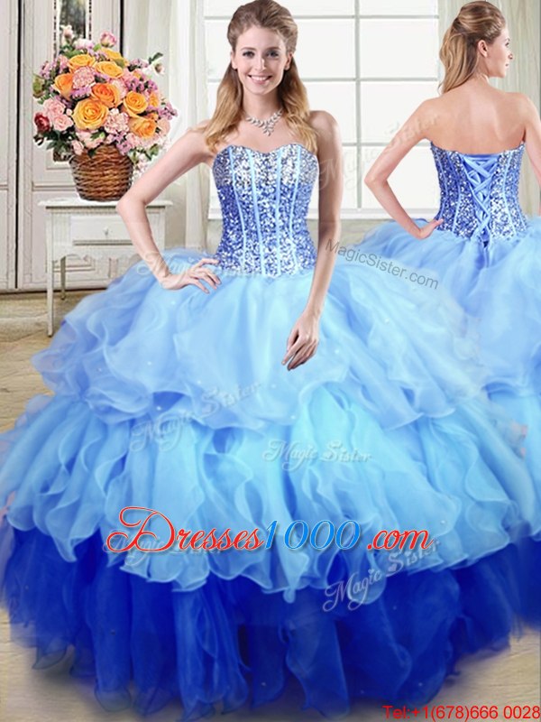 Ideal Four Piece Multi-color Ball Gowns Ruffles and Sequins Quinceanera Gown Lace Up Organza Sleeveless Floor Length