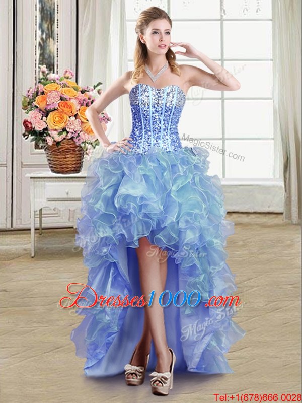 Ideal Four Piece Multi-color Ball Gowns Ruffles and Sequins Quinceanera Gown Lace Up Organza Sleeveless Floor Length