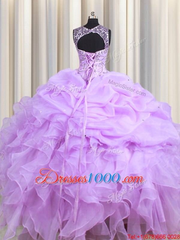 Free and Easy Scoop Sleeveless Beading and Ruffles and Pick Ups Lace Up Sweet 16 Dresses