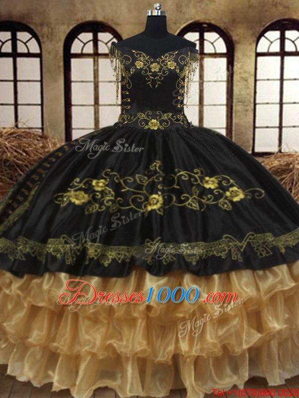 Black Off The Shoulder Neckline Beading and Embroidery and Ruffled Layers Quinceanera Dresses Sleeveless Lace Up