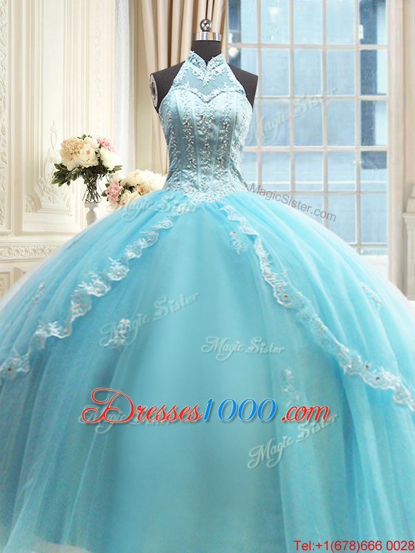 Custom Designed Halter Top Sleeveless Lace Up Quinceanera Dress Aqua Blue Tulle