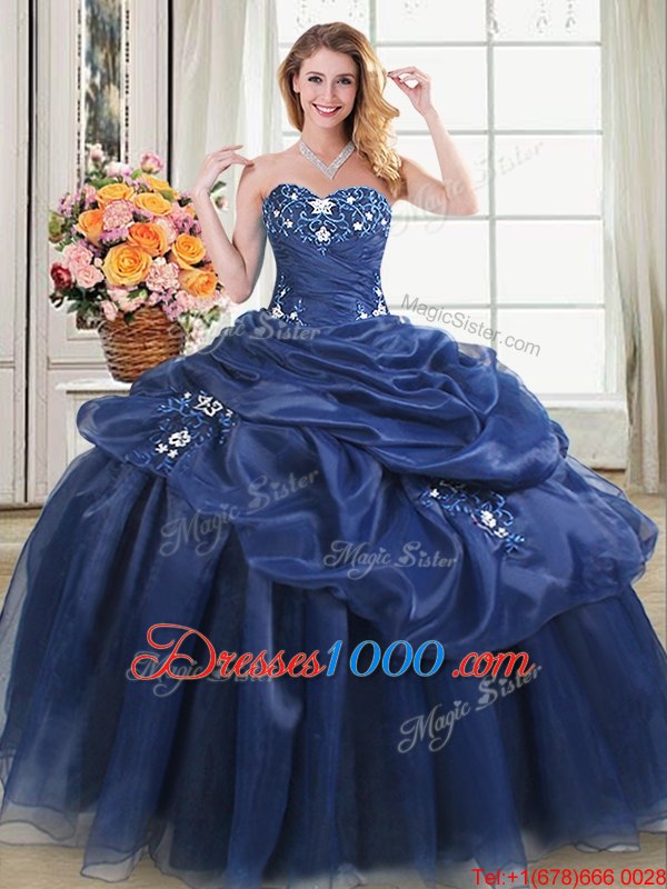 Enchanting Sweetheart Sleeveless Quinceanera Gown Floor Length Beading and Pick Ups Navy Blue Organza