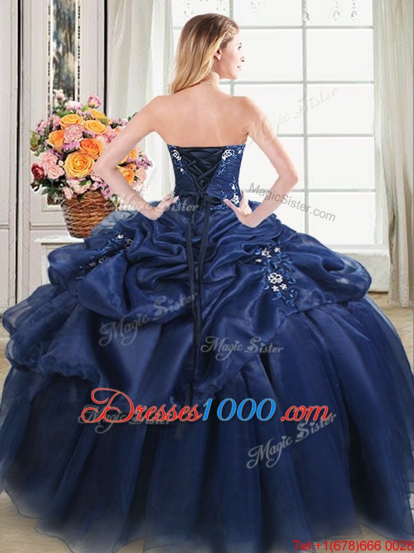 Enchanting Sweetheart Sleeveless Quinceanera Gown Floor Length Beading and Pick Ups Navy Blue Organza