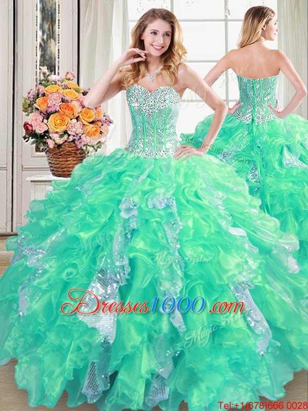 Three Piece Sequins Floor Length Turquoise Sweet 16 Dress Sweetheart Sleeveless Lace Up