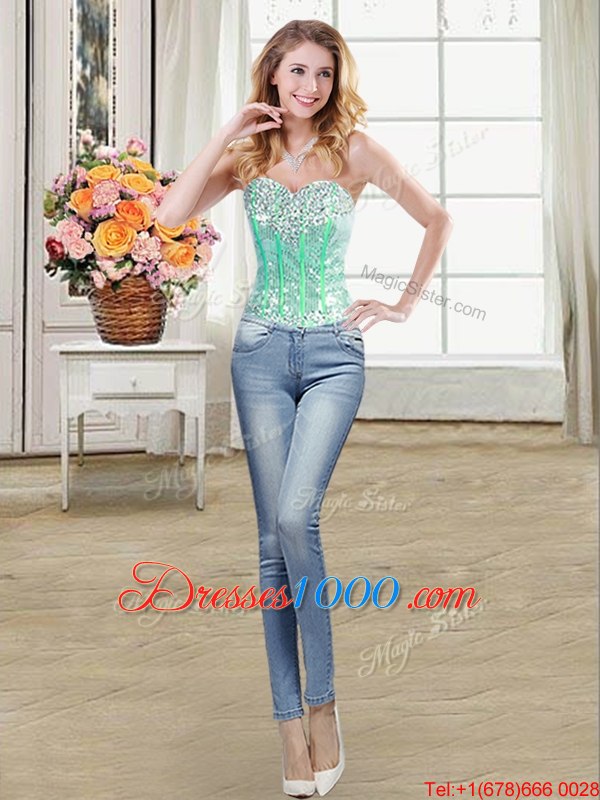 Three Piece Sequins Floor Length Turquoise Sweet 16 Dress Sweetheart Sleeveless Lace Up