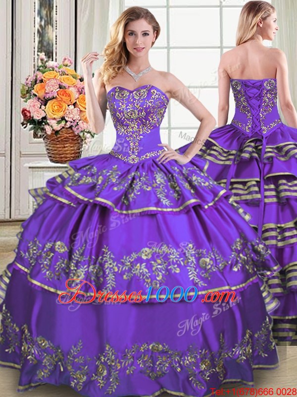 Three Piece Ruffled Ball Gowns Ball Gown Prom Dress Eggplant Purple Sweetheart Taffeta Sleeveless Floor Length Lace Up