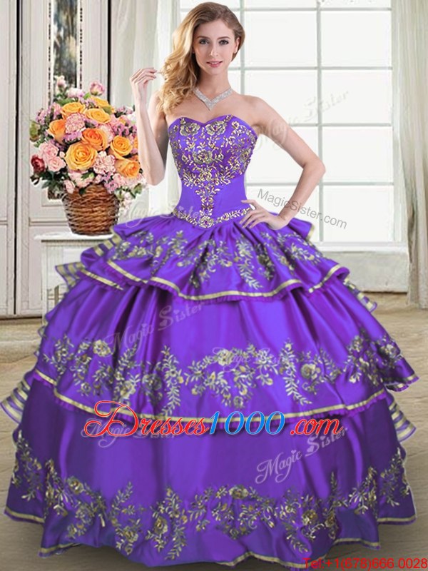 Floor Length Eggplant Purple Ball Gown Prom Dress Taffeta Sleeveless Beading and Embroidery and Ruffled Layers