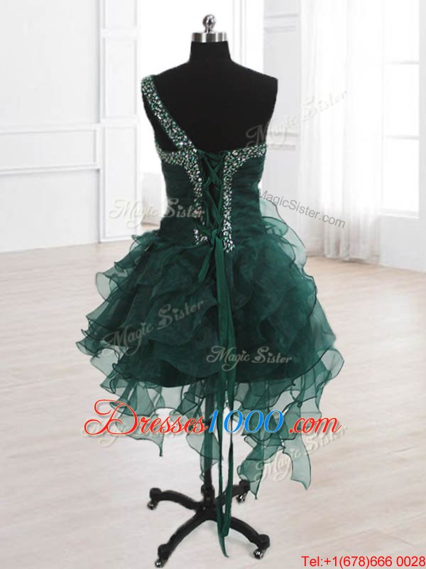 Sumptuous One Shoulder Knee Length A-line Sleeveless Peacock Green Homecoming Dress Online Lace Up