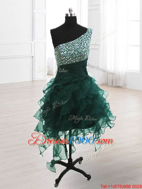 Sumptuous One Shoulder Knee Length A-line Sleeveless Peacock Green Homecoming Dress Online Lace Up