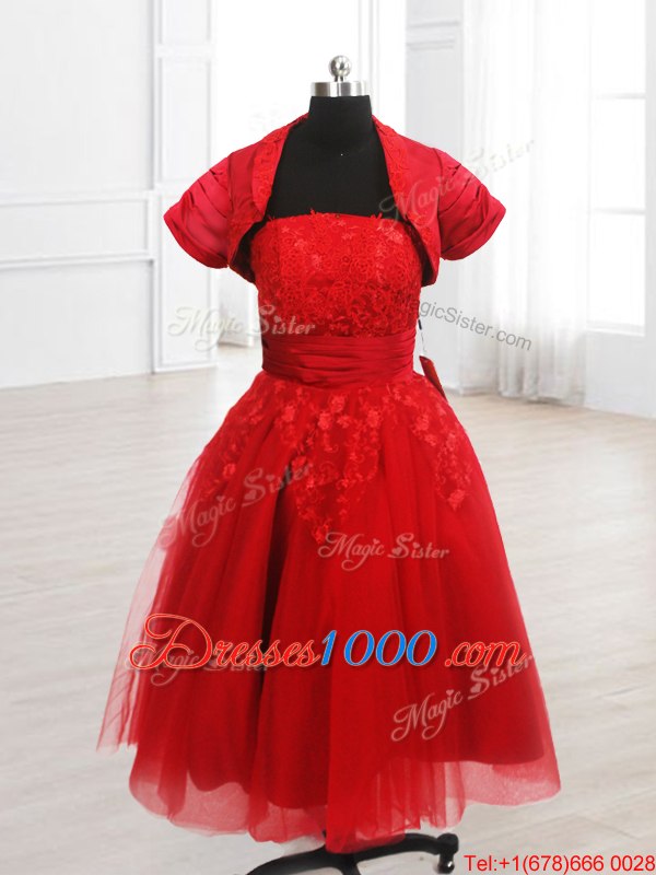 Chic Red Strapless Neckline Embroidery Prom Party Dress Short Sleeves Lace Up