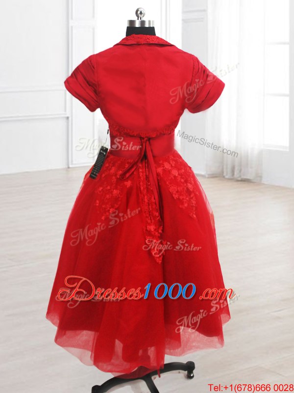 Chic Red Strapless Neckline Embroidery Prom Party Dress Short Sleeves Lace Up