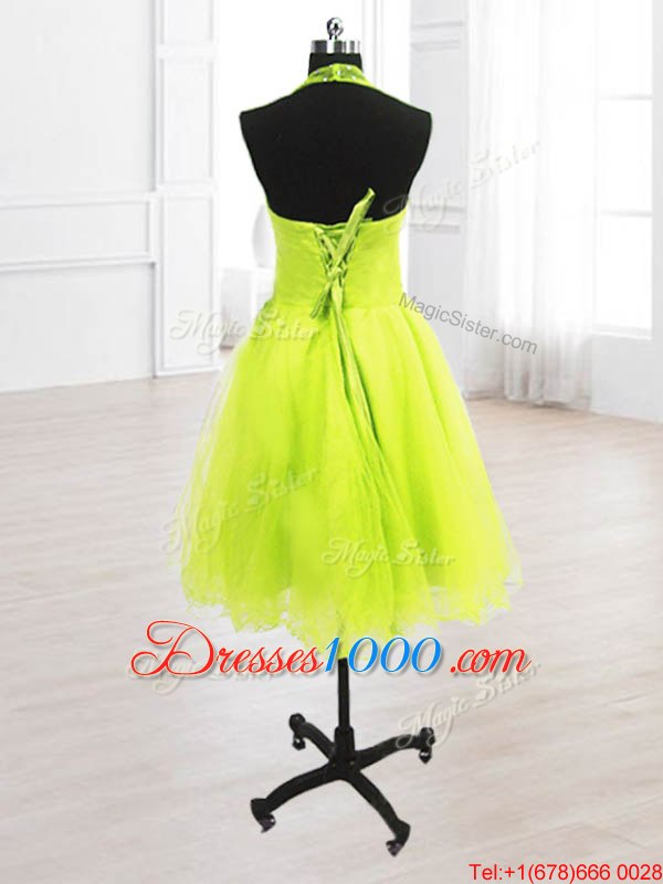 Pretty High-neck Sleeveless Prom Dresses Knee Length Sequins Yellow Green Organza