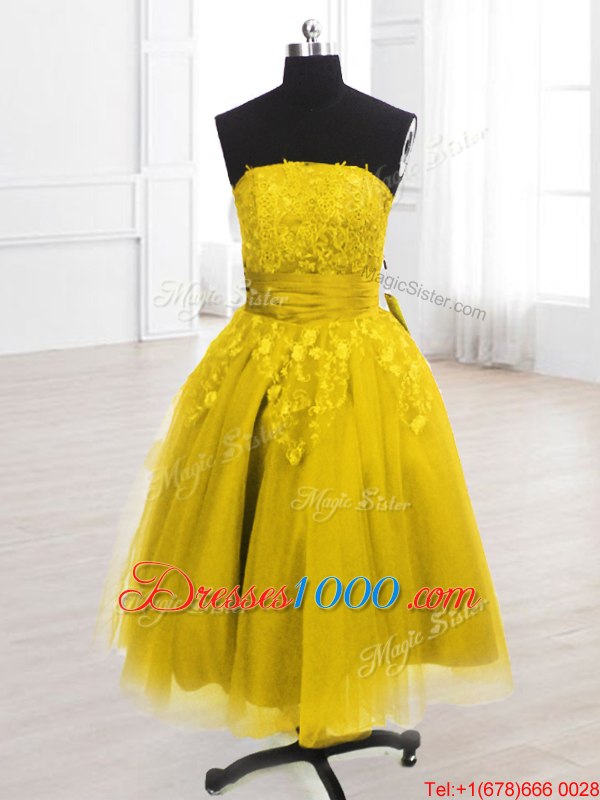 Modest Sleeveless Knee Length Embroidery Lace Up Party Dress for Toddlers with Yellow