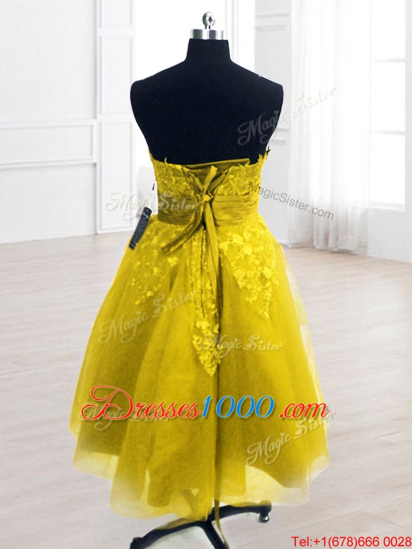 Modest Sleeveless Knee Length Embroidery Lace Up Party Dress for Toddlers with Yellow