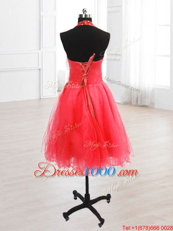 Watermelon Red Organza Lace Up Homecoming Party Dress Sleeveless Knee Length Sequins