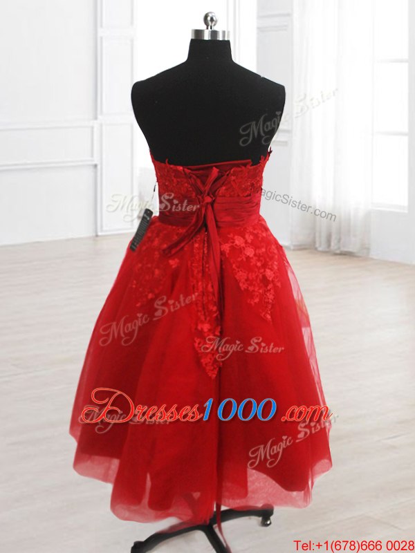 Red A-line Organza Strapless Sleeveless Embroidery Knee Length Lace Up Prom Dress