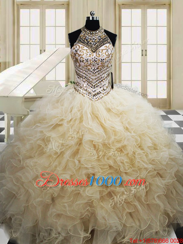 Fashion Halter Top Champagne Sleeveless Floor Length Beading and Ruffles Lace Up Quinceanera Gown