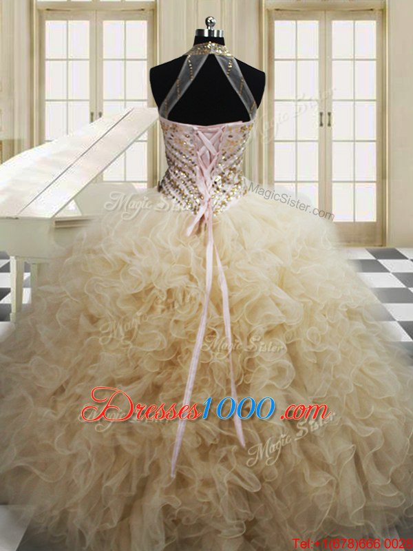 Fashion Halter Top Champagne Sleeveless Floor Length Beading and Ruffles Lace Up Quinceanera Gown