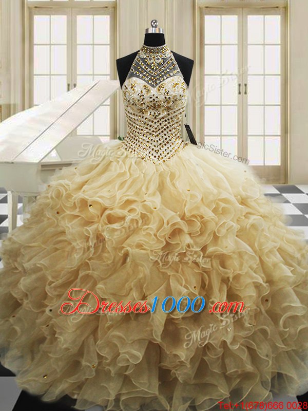 Sweep Train Ball Gowns Quinceanera Dresses Champagne High-neck Tulle Sleeveless With Train Lace Up
