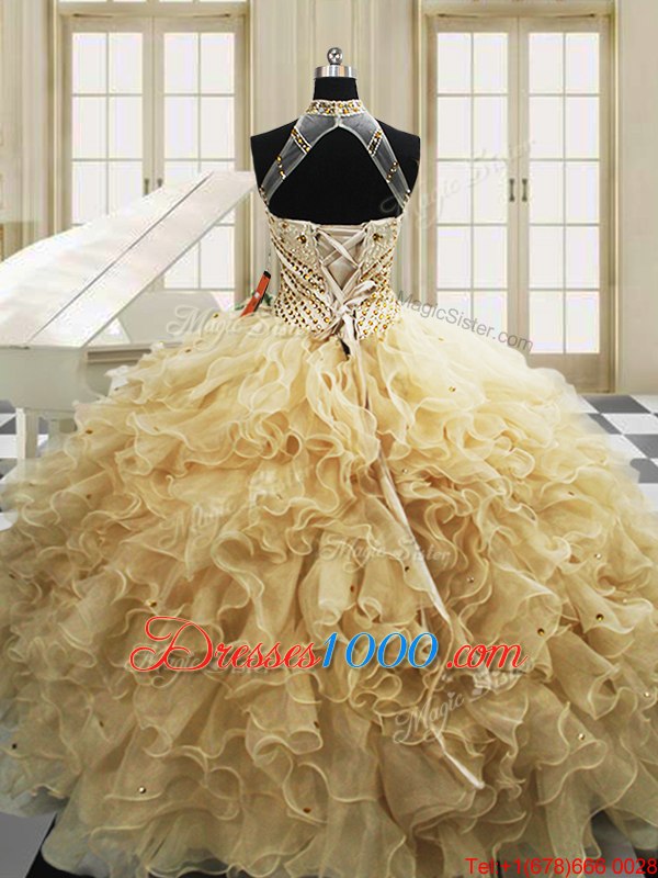 Sweep Train Ball Gowns Quinceanera Dresses Champagne High-neck Tulle Sleeveless With Train Lace Up
