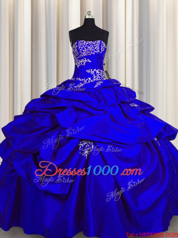 Trendy Royal Blue Taffeta Lace Up Strapless Sleeveless Floor Length Sweet 16 Dresses Appliques and Pick Ups