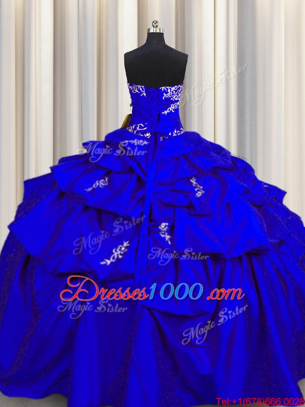 Trendy Royal Blue Taffeta Lace Up Strapless Sleeveless Floor Length Sweet 16 Dresses Appliques and Pick Ups