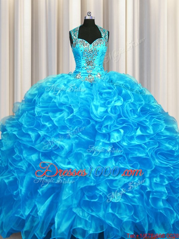 Deluxe Zipper Up See Through Back Sleeveless Beading and Ruffles Zipper Sweet 16 Quinceanera Dress