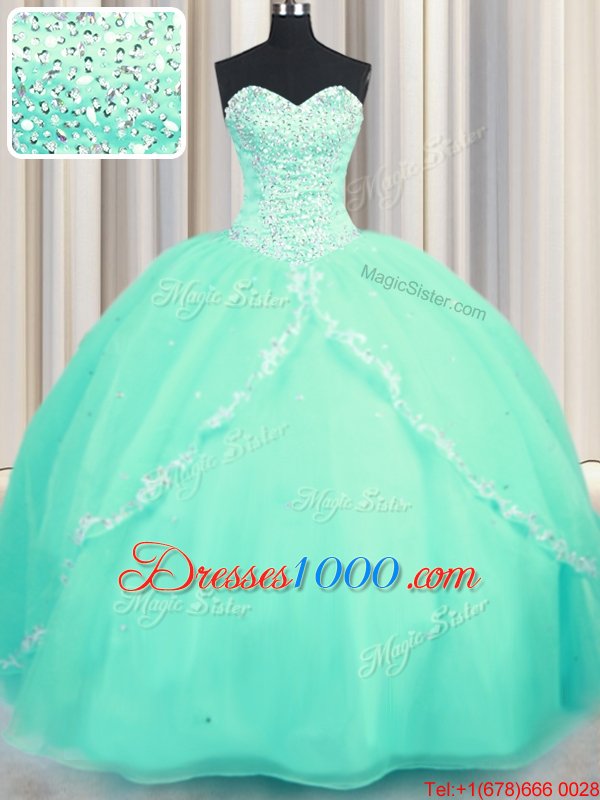 Turquoise Lace Up Quinceanera Gown Beading and Appliques Sleeveless With Brush Train