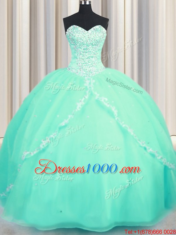 Turquoise Lace Up Quinceanera Gown Beading and Appliques Sleeveless With Brush Train