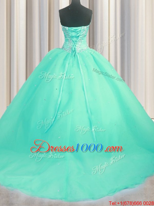 Turquoise Lace Up Quinceanera Gown Beading and Appliques Sleeveless With Brush Train