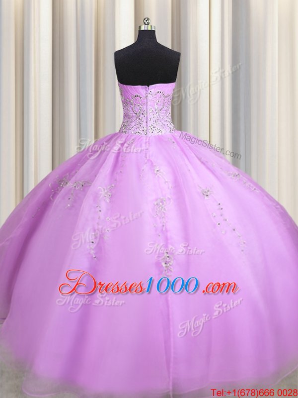 Pretty Lilac Sleeveless Beading and Appliques Floor Length 15th Birthday Dress