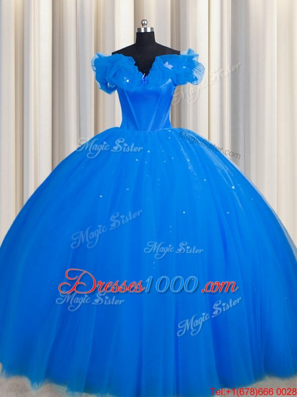 Fine Royal Blue Tulle Lace Up Off The Shoulder Short Sleeves With Train Vestidos de Quinceanera Court Train Ruching