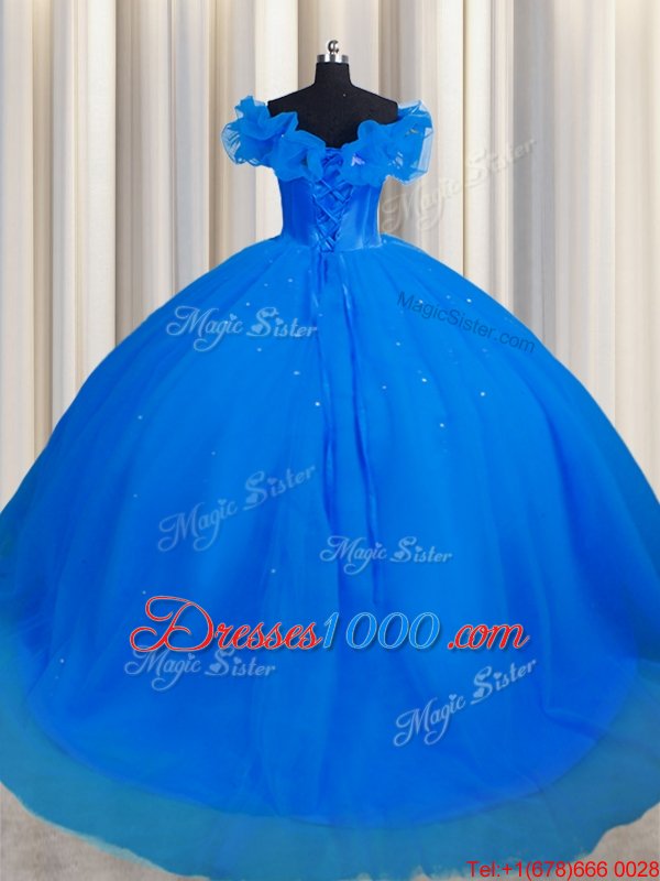 Fine Royal Blue Tulle Lace Up Off The Shoulder Short Sleeves With Train Vestidos de Quinceanera Court Train Ruching
