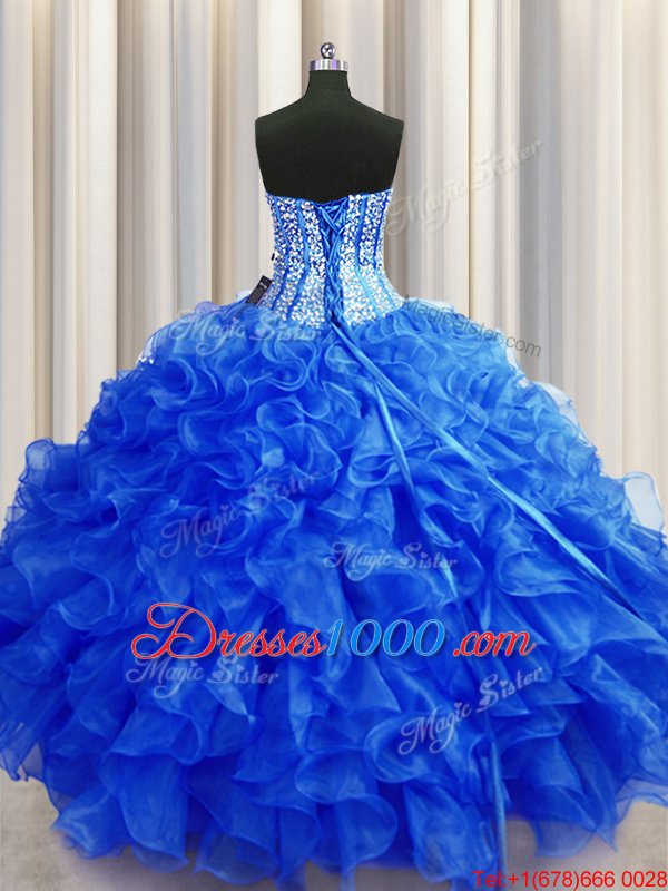 High Quality See Through Back Fuchsia Sleeveless Beading and Ruffles and Sequins Floor Length Quince Ball Gowns