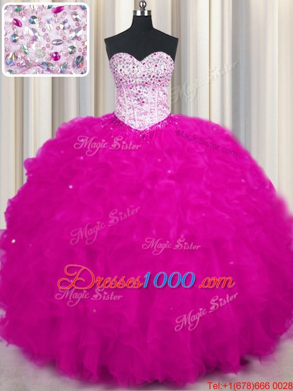 High Quality See Through Back Fuchsia Sleeveless Beading and Ruffles and Sequins Floor Length Quince Ball Gowns