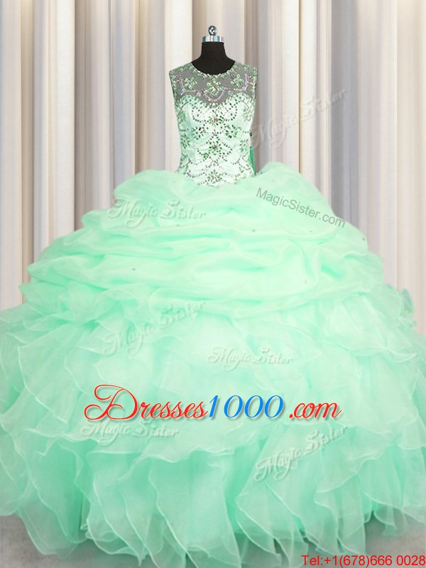 Modest Bling-bling Puffy Skirt Tulle Sweetheart Sleeveless Lace Up Beading Sweet 16 Dresses in Light Yellow