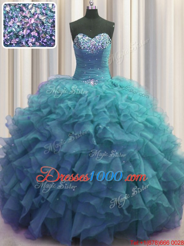 Luxury Beaded Bust Sleeveless Floor Length Beading and Ruffles Lace Up Sweet 16 Dresses with Teal