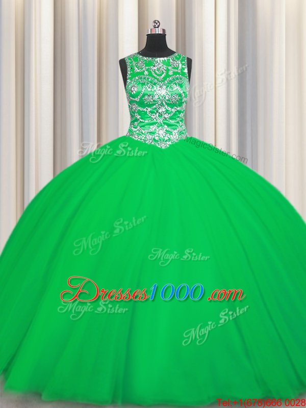 Scoop Floor Length Green Ball Gown Prom Dress Tulle Sleeveless Beading