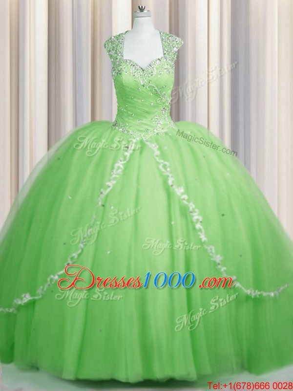 Zipper Up Yellow Green Ball Gowns Sweetheart Cap Sleeves Tulle With Brush Train Zipper Beading and Appliques Quinceanera Dresses
