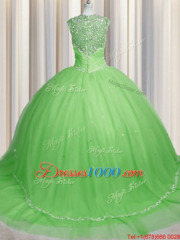 Zipper Up Yellow Green Ball Gowns Sweetheart Cap Sleeves Tulle With Brush Train Zipper Beading and Appliques Quinceanera Dresses