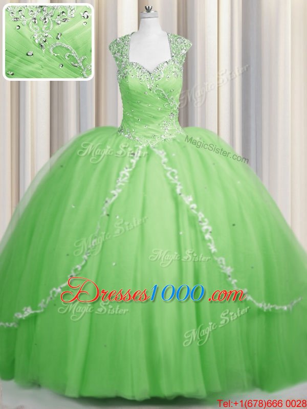 Zipper Up Yellow Green Ball Gowns Sweetheart Cap Sleeves Tulle With Brush Train Zipper Beading and Appliques Quinceanera Dresses