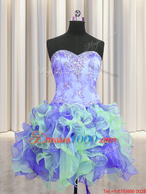 Three Piece Organza Sleeveless Floor Length Sweet 16 Dress and Beading and Appliques and Ruffles