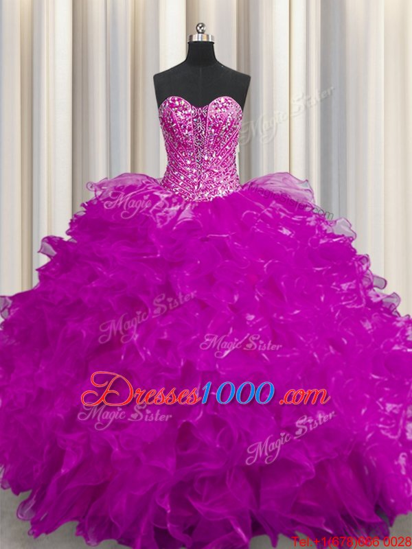Hot Sale See Through Fuchsia Quinceanera Gowns Military Ball and Sweet 16 and Quinceanera and For with Beading and Ruffles Sweetheart Sleeveless Lace Up