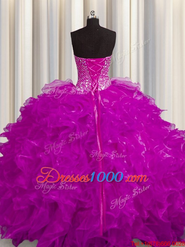 Hot Sale See Through Fuchsia Quinceanera Gowns Military Ball and Sweet 16 and Quinceanera and For with Beading and Ruffles Sweetheart Sleeveless Lace Up