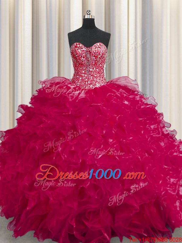 Cheap See Through Coral Red Sleeveless Floor Length Beading and Ruffles Lace Up Quinceanera Gowns